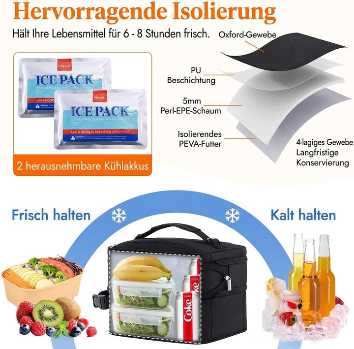 Lifewit Erweiterbare Lunchtasche 12L, Kühltasche Klein, Lunch Bag 12L Schwarz, 12L Schwarz