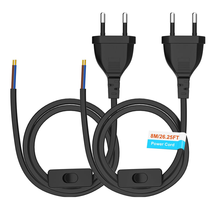 Euro Netzkabel mit Schalter [2 Stück], 8 Meter Euro Stecker Stromkabel, 2 X Ersatzkabel Anschlusskab