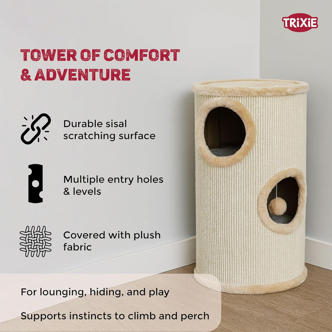 TRIXIE Kratztonne für Katzen Samuel 70 cm in natur/beige – dreistöckige Katzentonne mit gepolsterter
