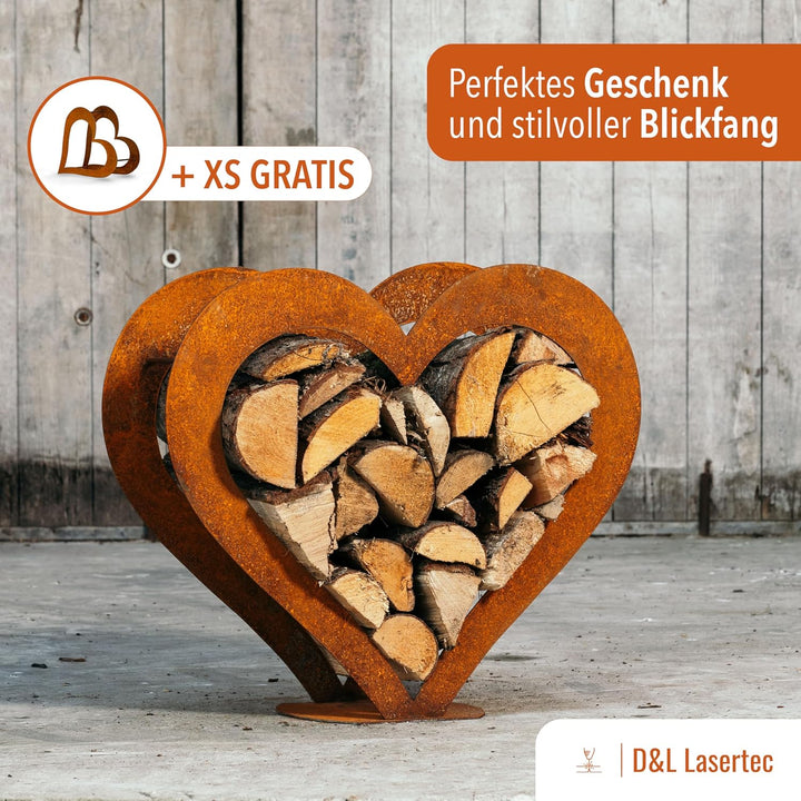 D&L Lasertec Herz aus Metall, Holz Regal, Rost, Edelrost, Holzregal Garten, Terrasse - Deko M