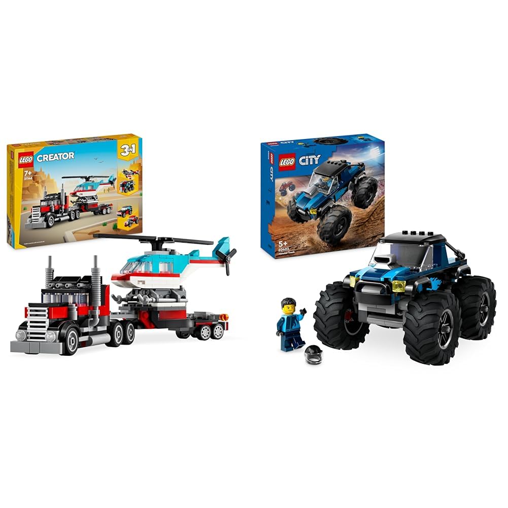 LEGO Creator 3in1 Tieflader mit Hubschrauber, Fahrzeuge-Set &amp; City Blauer Monstertruck, Offroad-Auto