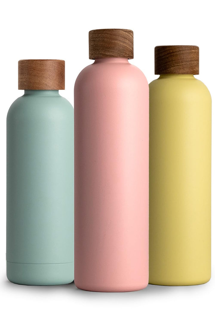 T&amp;N Edelstahl Trinkflasche 1 Liter, Thermosflasche 1l mit Akazienholz Deckel, Isolierte Wasserflasch