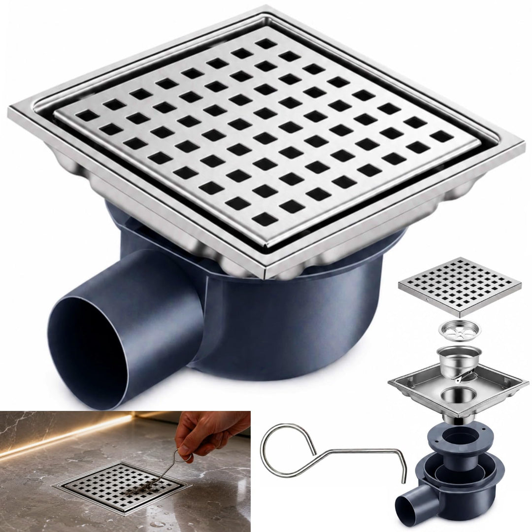 Duschrinne Quadratisch Edelstahl Bodenablauf mit 360° Siphon Geruchsstop, 15x15CM Bodenablauf Dusche