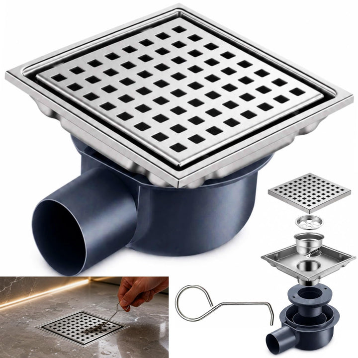 Duschrinne Quadratisch Edelstahl Bodenablauf mit 360° Siphon Geruchsstop, 15x15CM Bodenablauf Dusche