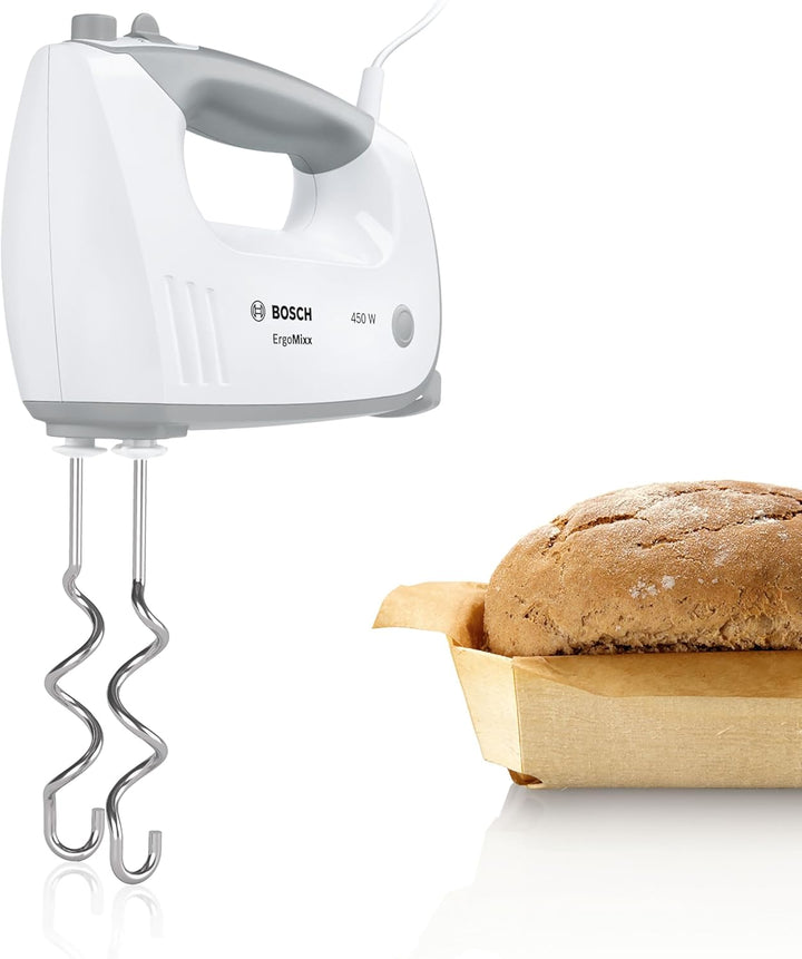 Bosch Hausgeräte Handrührer ErgoMixx MFQ36440, 2 Rührbesen, 2 Edelstahl-Knethaken, Pürierstab, Beche