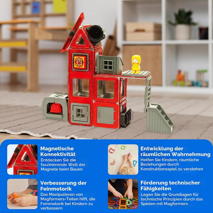 Magformers Fire Engine And Rescue Vehicle Set. Firefighters Magnetic Building Blocks Toy. Makes Over