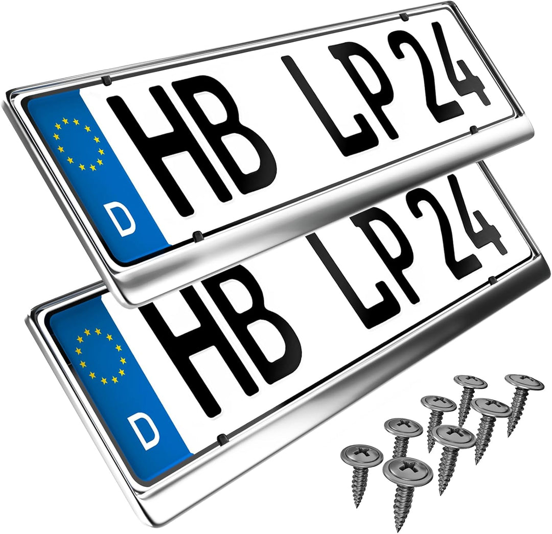 L & P Car Design 2 x Kennzeichenhalter in Edelstahl poliert - 100% Edelstahl -auch passend für gebog