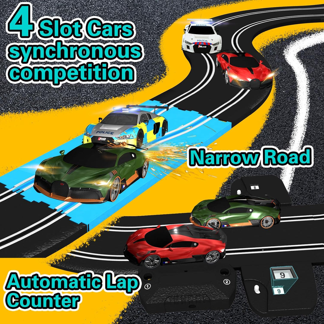 AGM MASTECH 18,7 Fuss Slot Car Rennbahn Set, 4 offiziell lizenzierte Lichtspielzeugautos, Lenkrad- u