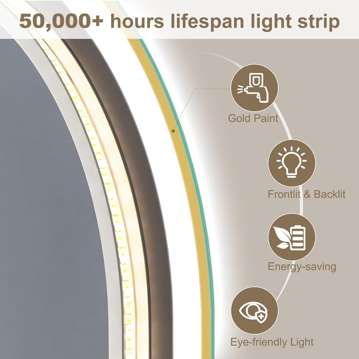 STARLEAD Gold Oval-LED-Badspiegel-mit-Beleuchtung 80x50cm, Bluetooth, Dimmbar, 3 Lichtfarben, Entfog