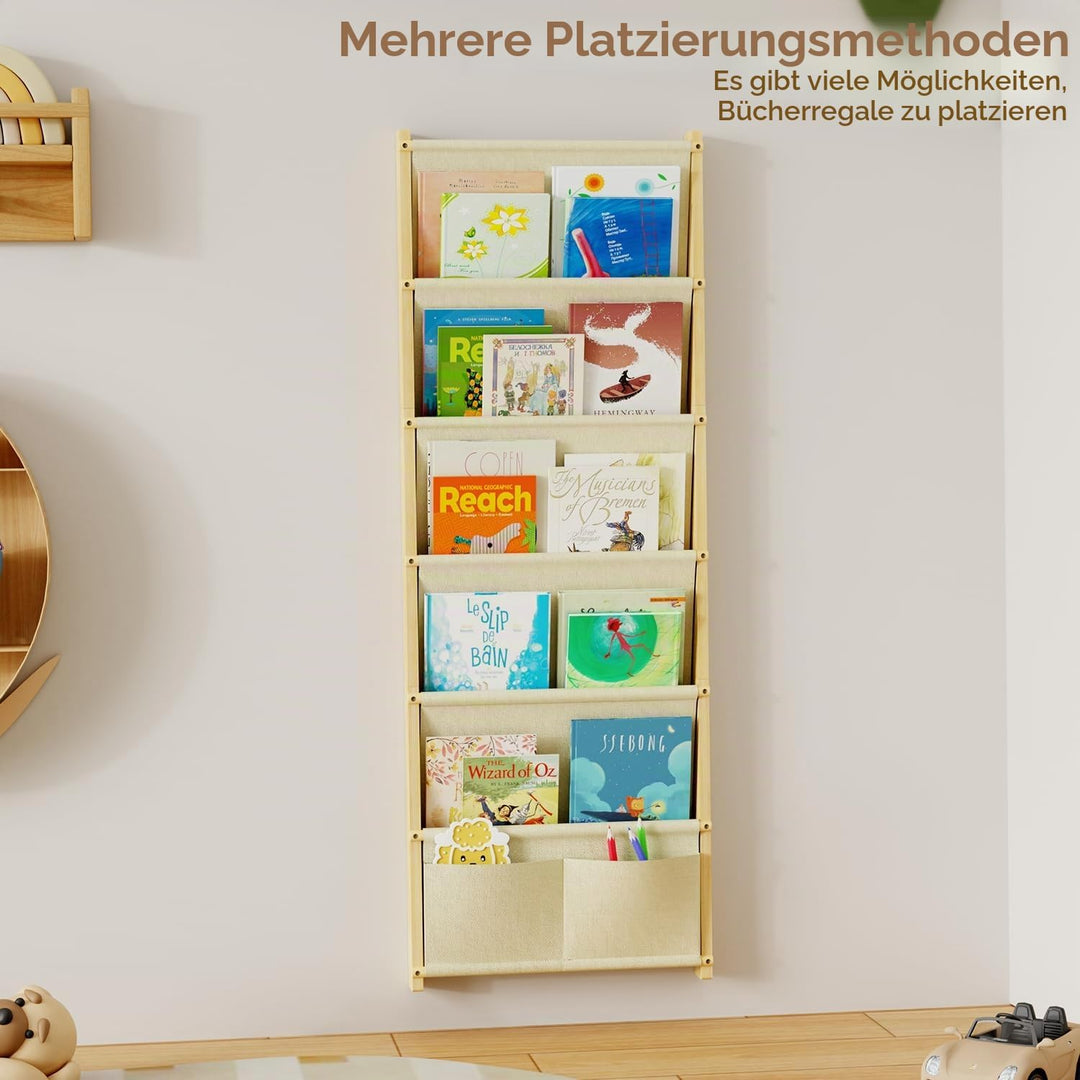 Bücherregal Kinder Wand Holz, mit 6 Lagige Taschen Wandregal Bücher Kinder, Montessori Bücherregal f