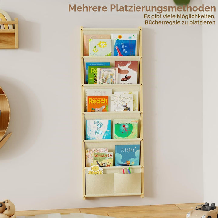 Bücherregal Kinder Wand Holz, mit 6 Lagige Taschen Wandregal Bücher Kinder, Montessori Bücherregal f