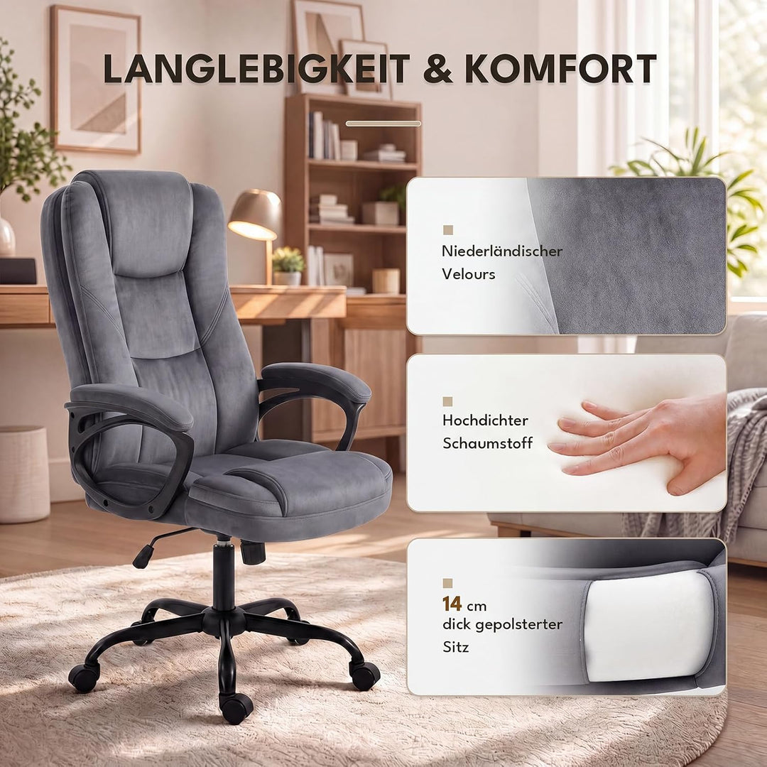 Bürostuhl mit Wippfunktion 150kg, Chefsessel Hohe Rückenlehne Grau, Grau