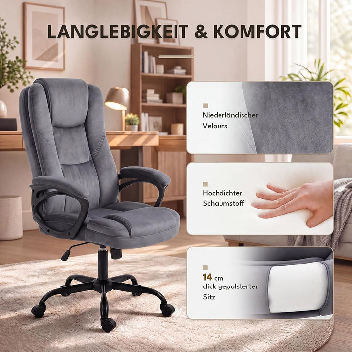 Bürostuhl mit Wippfunktion 150kg, Chefsessel Hohe Rückenlehne Grau, Grau
