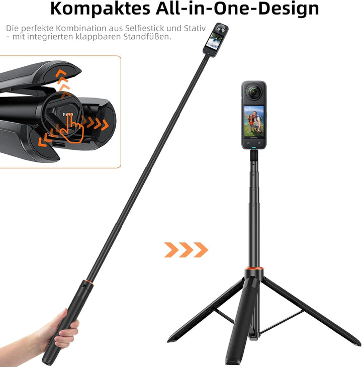 136cm Ausziehbar Selfie-Stick Stativ für Insta 360 X5/X4/X3/ONE X2/ONE X/Ace/Ace Pro/Ace Pro 2/ONE R