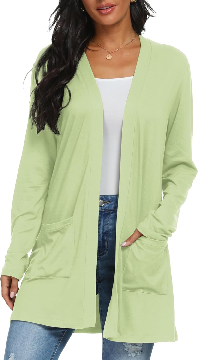 QIXING Casual Leichte Strickjacke Damen Lang Elegant Dünne Strickjacke Lange Ärmel mit Taschen Open