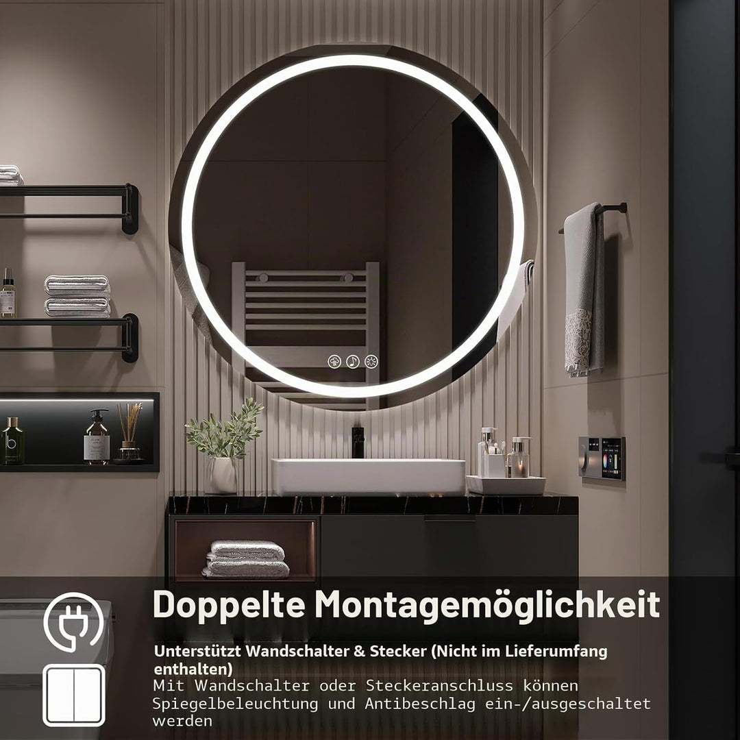 Ratsamee Runder Spiegel mit Beleuchtung, 70cm Bluetooth Badezimmerspiegel mit Beleuchtung, Wandspieg