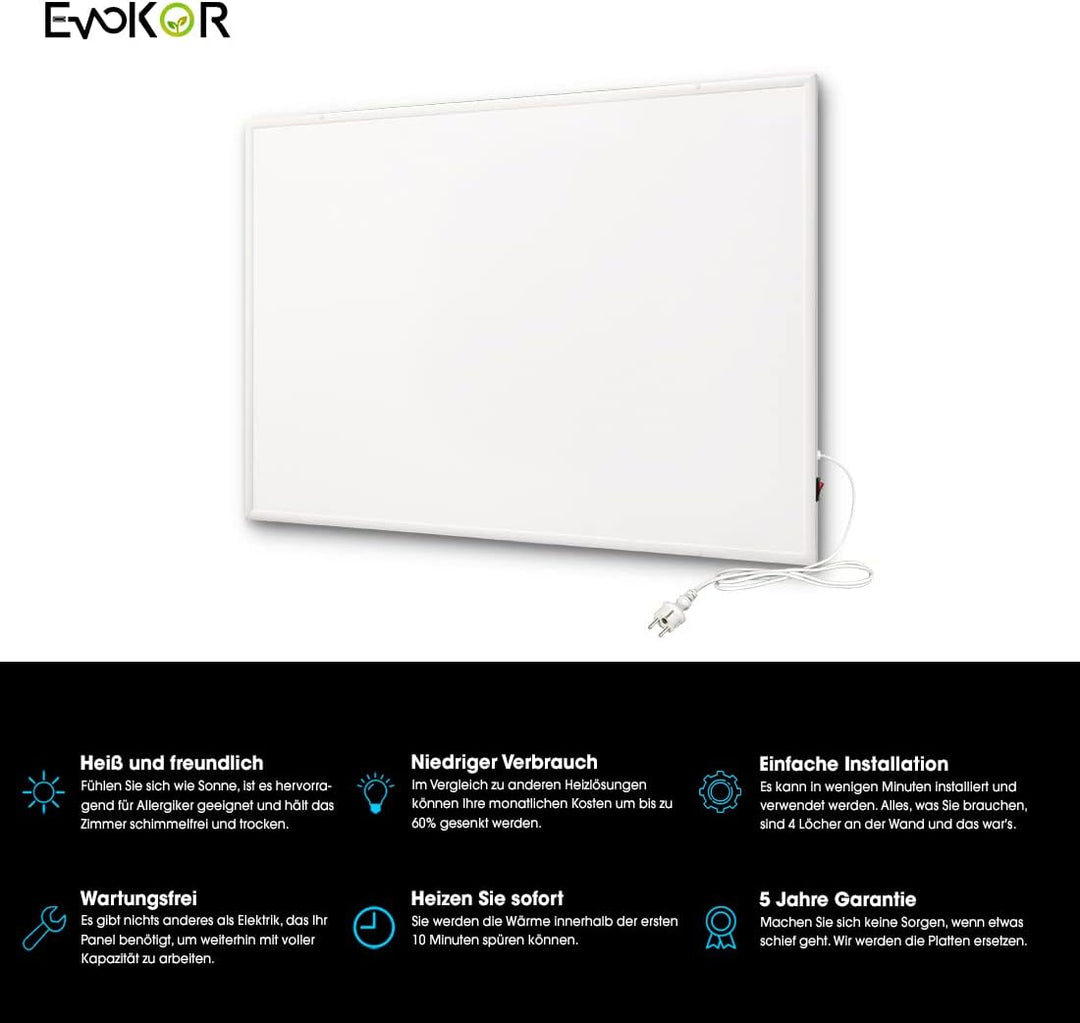 EVOKOR Infrarotheizung 520W, Infrarot Heizung Heizplatte Heizkörper Heizpaneel, Infarotheizkoerper W