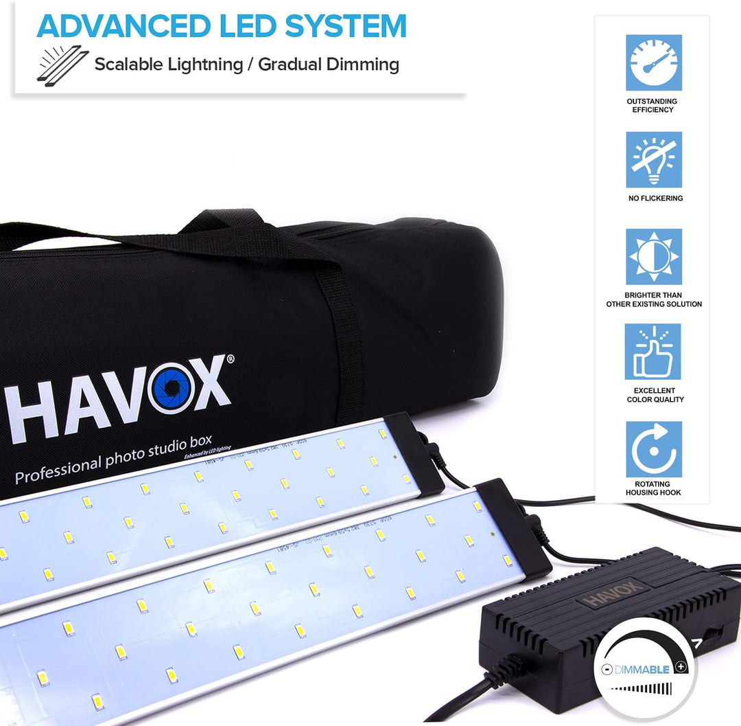 HAVOX - Fotostudio HPB-80XD - Masse 80x80x80cm - 4X Dimmbare LED-Beleuchtung Tageslicht 5500k - 26,0