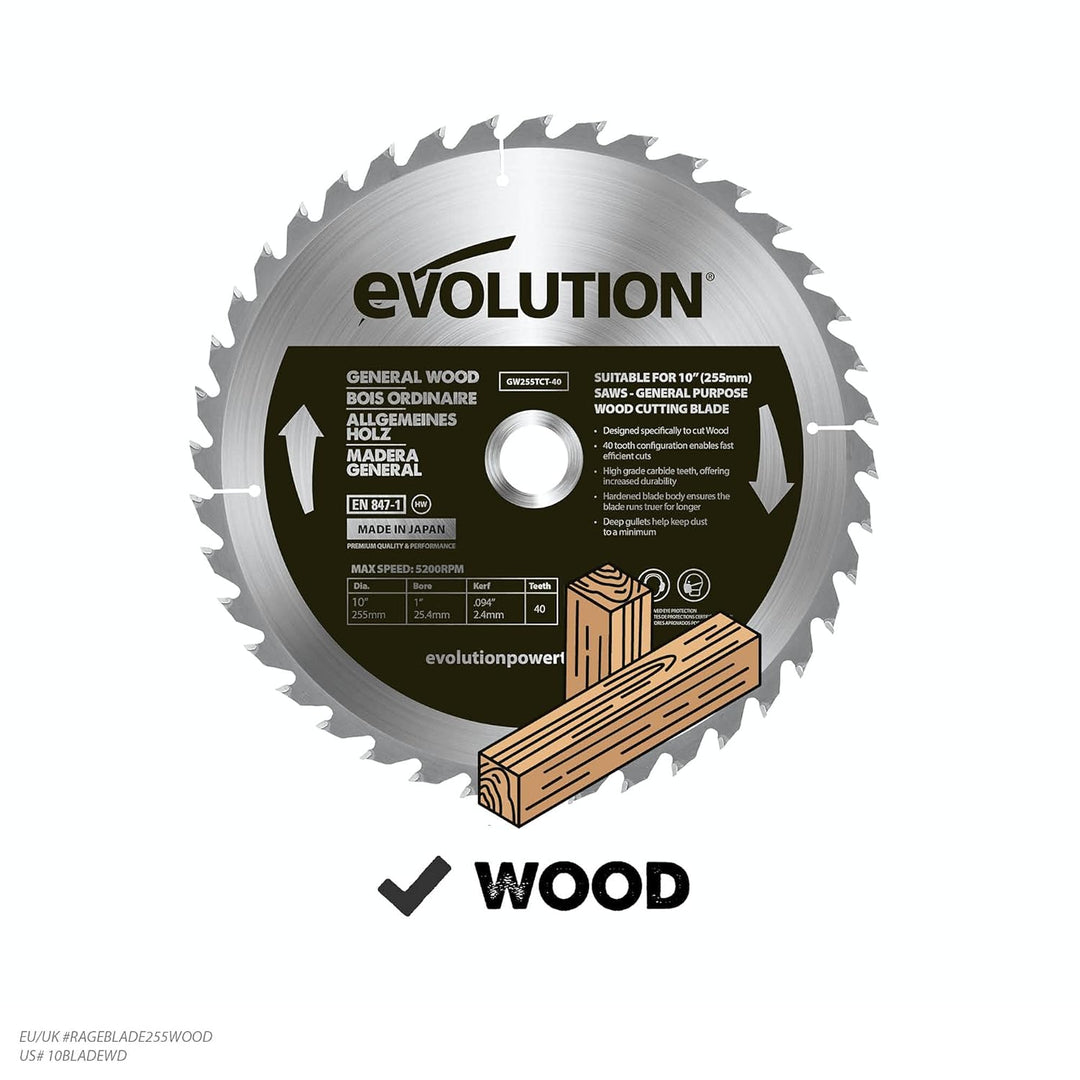 Evolution GW255TCT-40 - 255-mm-Holzsägeblatt – Hartmetallbestückte 30-Zahn-Konfiguration ermöglicht