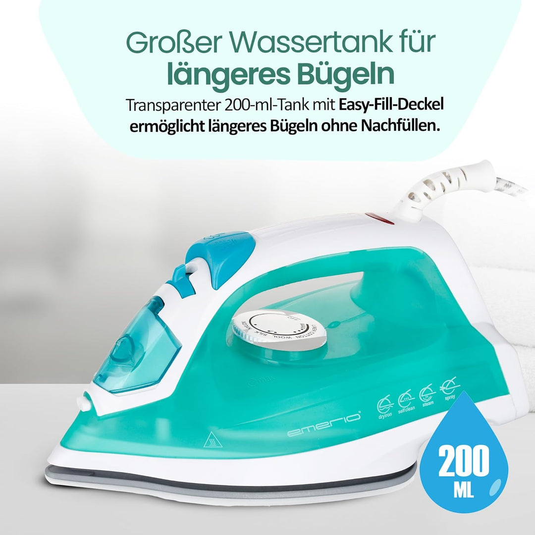 Emerio Bügeleisen Dampfbügeleisen, 2000 Watt, besonders gleitfähige Keramik-Bügelsohle, Selbstreinig