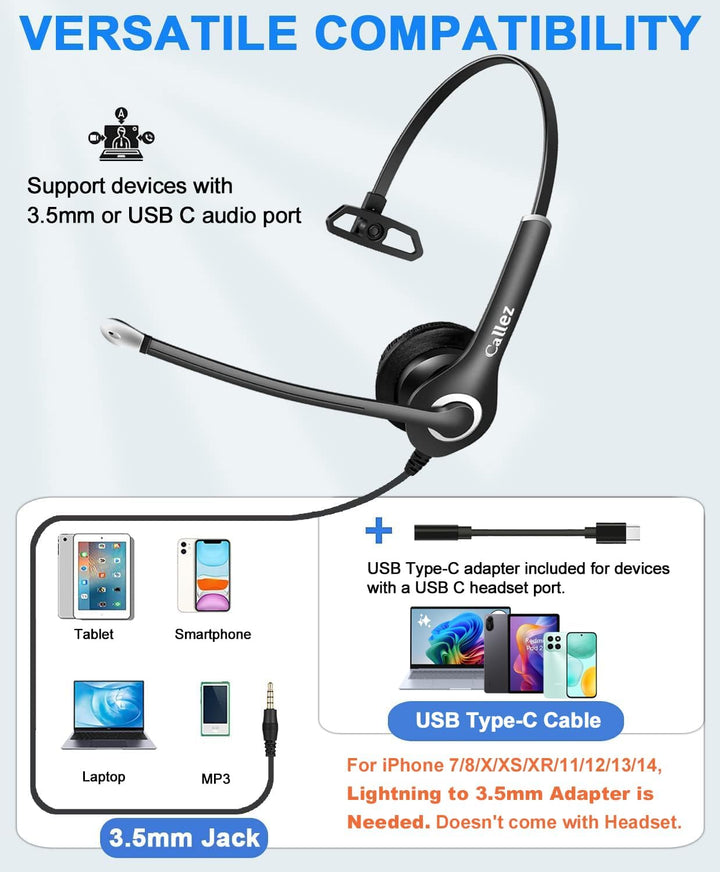 Headset Handy 3,5mm Klinke mit Mikrofon Noise Cancelling, PC Kopfhörer für Laptop Computer iPhone Sa