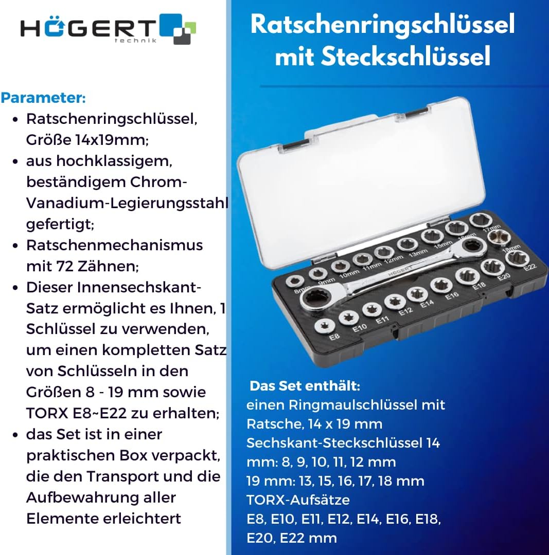 Högert Technik -Werkzeugsatz - Ratschenringschlüssel mit Steckschlüssel aus Chrom-Vanadium Legierung