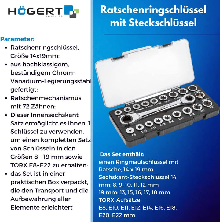 Högert Technik -Werkzeugsatz - Ratschenringschlüssel mit Steckschlüssel aus Chrom-Vanadium Legierung