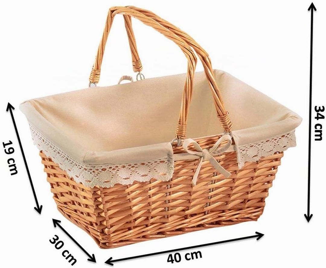 Kobolo Klappbügelkorb Weidenkorb mit Klapphenkeln eckig Textilfutter mit Häkelborte - braun - 40x30x