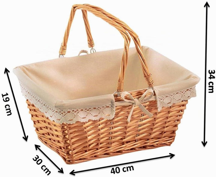 Kobolo Klappbügelkorb Weidenkorb mit Klapphenkeln eckig Textilfutter mit Häkelborte - braun - 40x30x