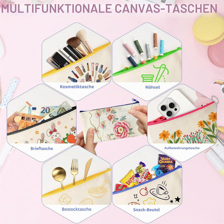 24 Stück DIY Stoff Federmäppchen, Leinwand Federmäppchen zum Bemalen, Mäppchen zum bemalen, 24 Bunts