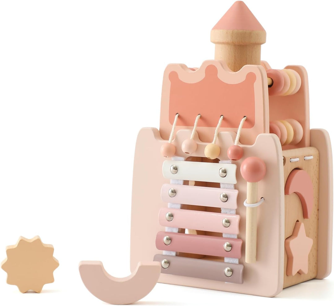 WOODEN TEETHER Montessori Motorikwürfel holzspielzeug Montessori Spielzeug ab 1 Jahr 5 in 1（Rosa Sch