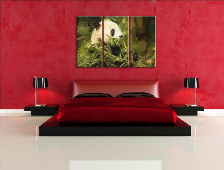 Pandabär beim Fressen NewArt 3-Teiler Leinwandbild 120x80 Bild auf Leinwand, XXL riesige Bilder fert