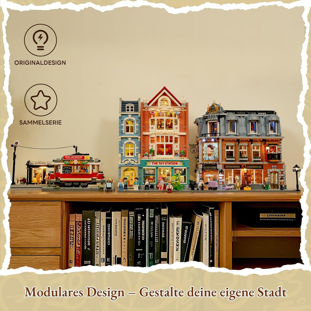 Lumibricks Heritage-Strassenbahn und -Haltestelle Bausatz mit Licht, Vintage-Dekor,kompatibel mit Mo