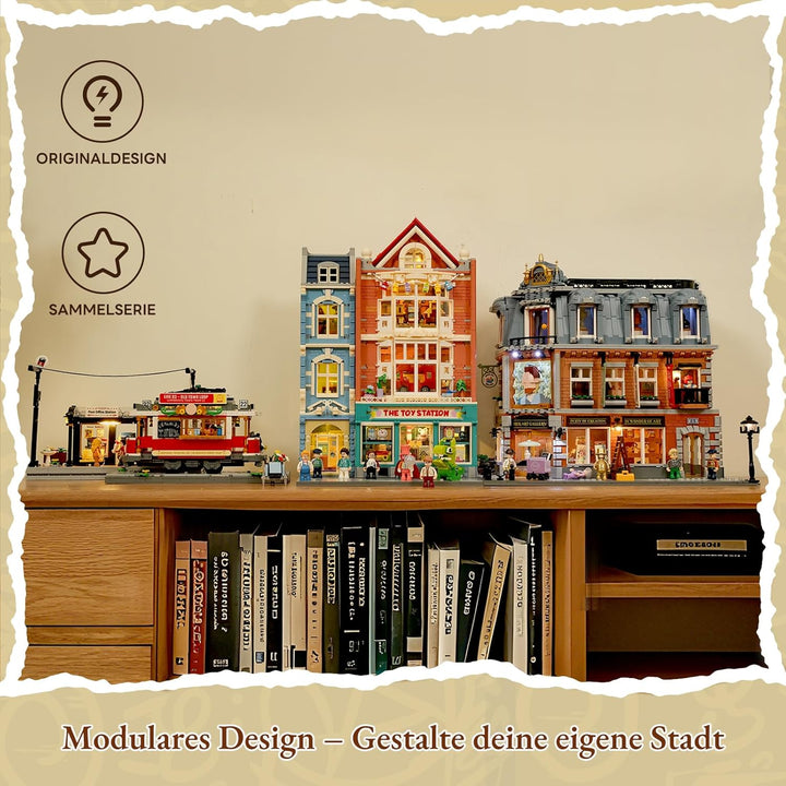 Lumibricks Heritage-Strassenbahn und -Haltestelle Bausatz mit Licht, Vintage-Dekor,kompatibel mit Mo