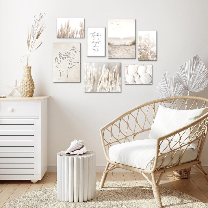 Novart Wandbilder Boho Strand - KOMPLETT AUFHÄNGFERTIG - Beige Wohnzimmer Schlafzimmer- 7 Moderne Mo