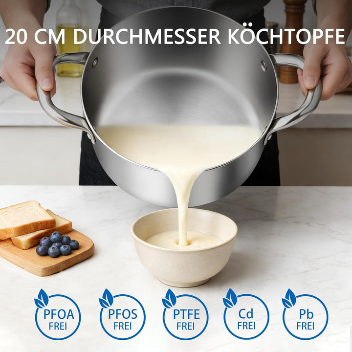 Estmoon Kochtopf 20 cm 3,6L, Edelstahltopf mit Glasdeckel, für alle Herdarten geeignet, auch Indukti