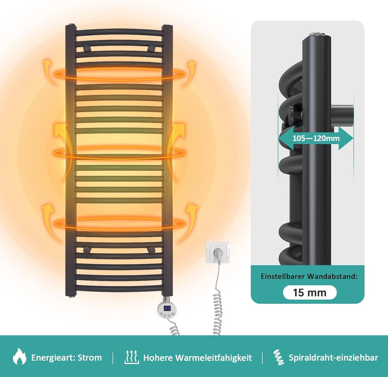 EMKE Badheizkörper Elektrisch Handtuchwärmer mit Thermostat Gebogen 75x60cm 300 Watt Anthrazit Handt