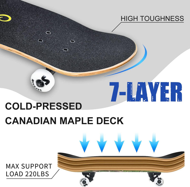 Sefulim 78,9 x 20,3 cm komplettes Skateboard, 7-lagig, kanadischer Ahorn, Doppel-Kick-Deck-Skateboar
