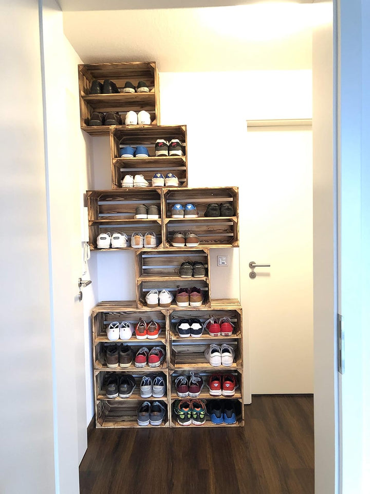 3 x Schuhschrank Schuhregal aus geflammten Holzkisten Schuhablage für 12 Paar Schuhe als Schuhstände