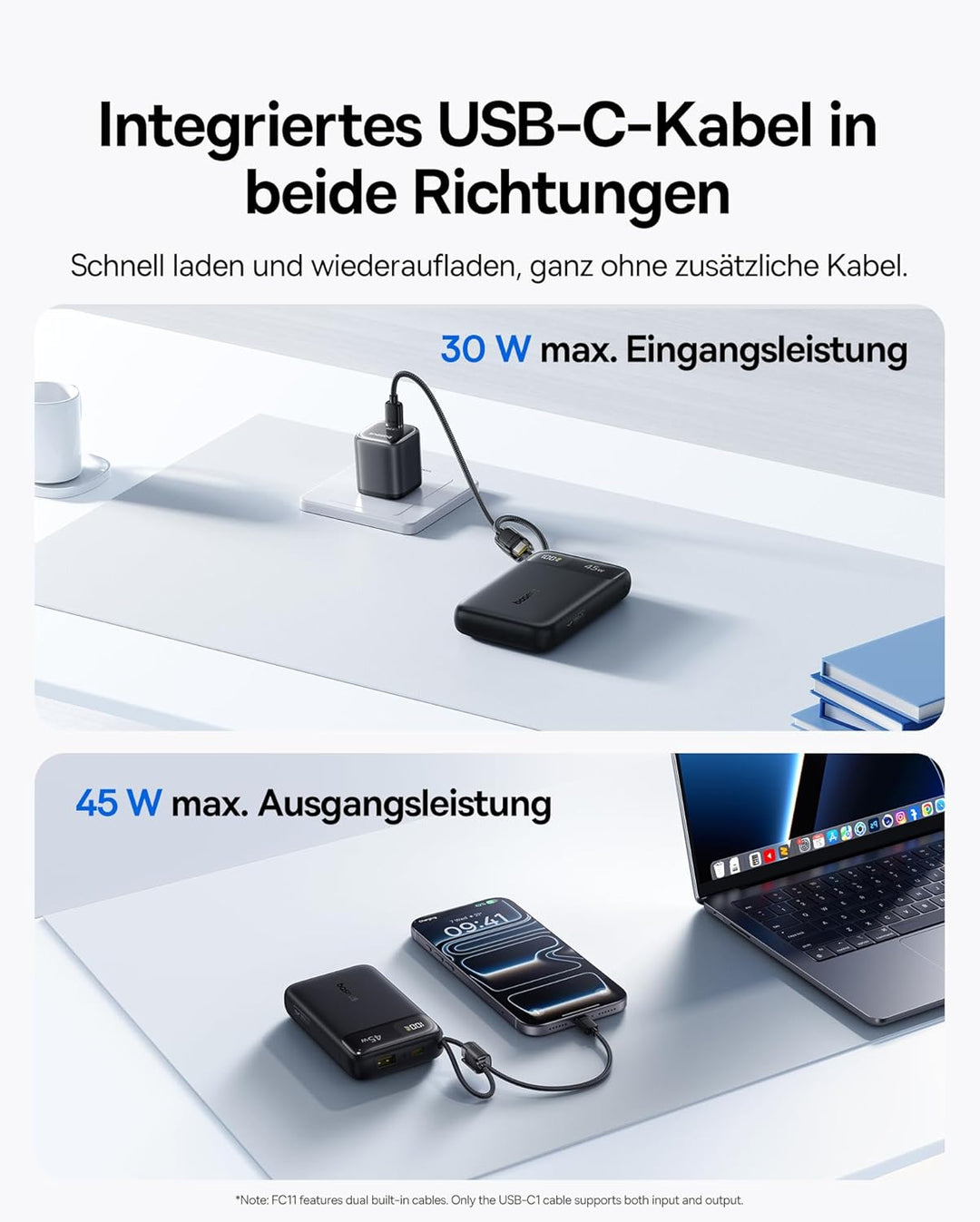 Baseus FC11 Powerbank 45W 20000mAh mit 2 Integriertem USB-C Kabel, Power Bank Klein CCC Zertifizieru