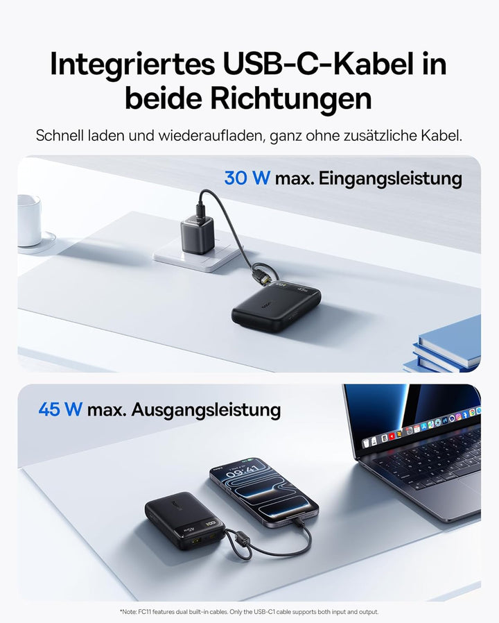 Baseus FC11 Powerbank 45W 20000mAh mit 2 Integriertem USB-C Kabel, Power Bank Klein CCC Zertifizieru