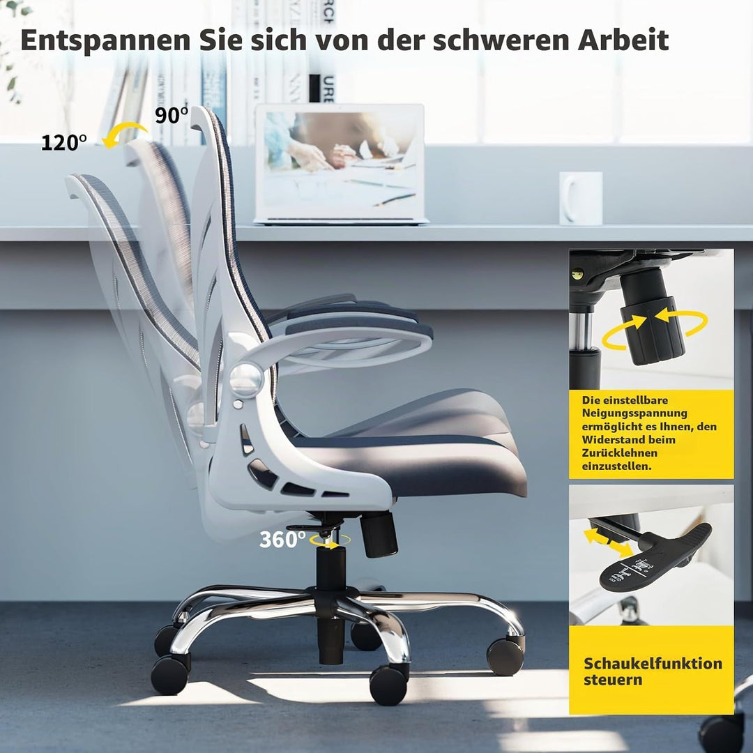 HOLLUDLE Ergonomischer Bürostuhl mit Klappbarer Rückenlehne, Schreibtischstuhl mit Erweitertem Sitz(