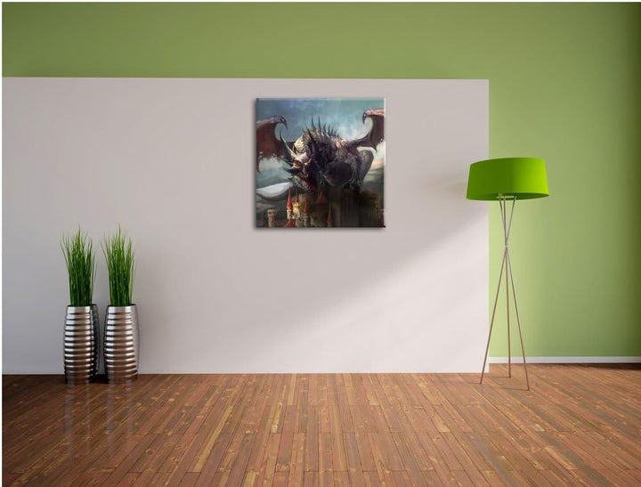 der Drache auf der Festung, Format: 70x70 auf Leinwand, XXL riesige Bilder fertig gerahmt mit Keilra