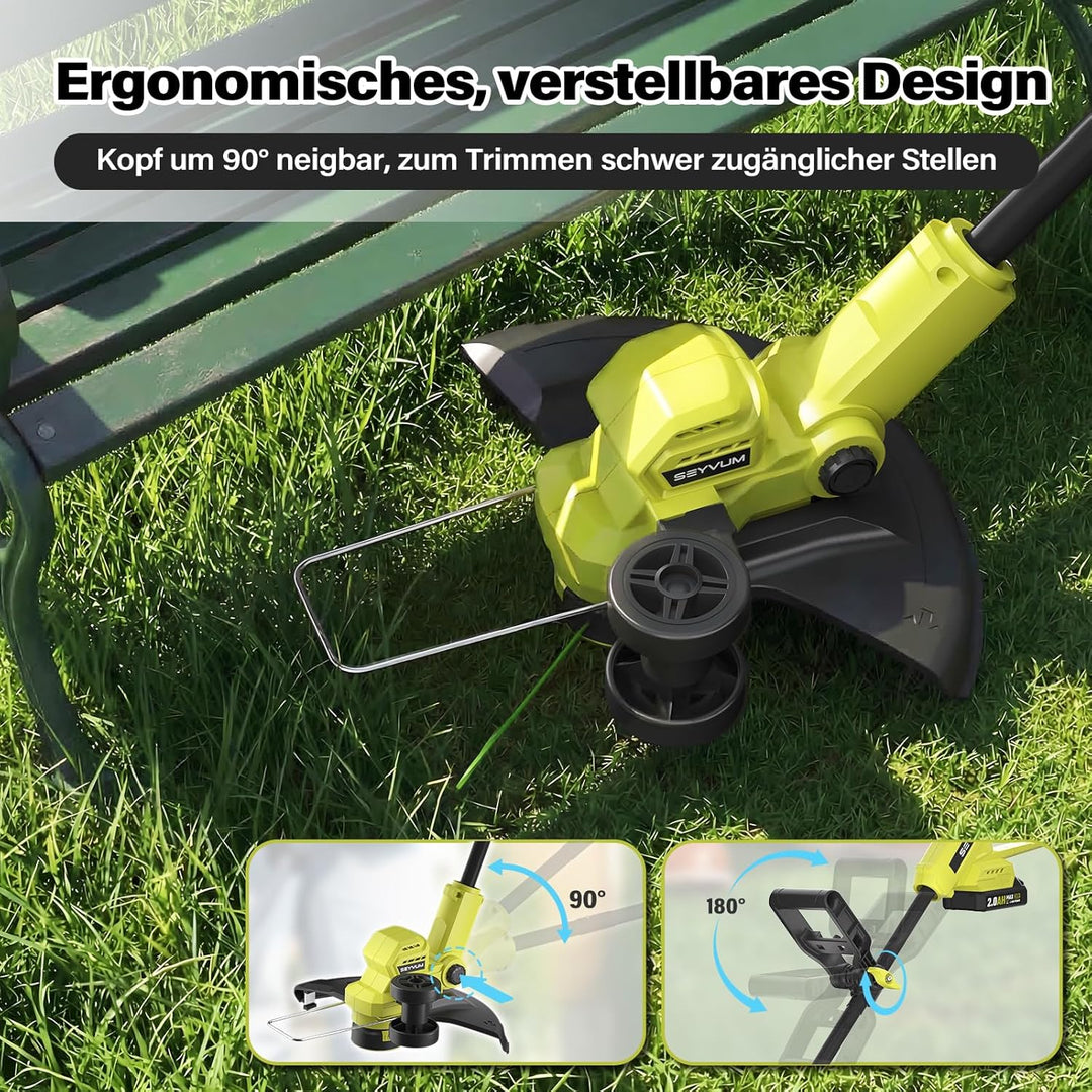 Akku Rasentrimmer,Elektro Rasentrimmer mit 2 X 2.0Ah Akkus und Ladegerätn,Schnittbreite 300mm Freisc