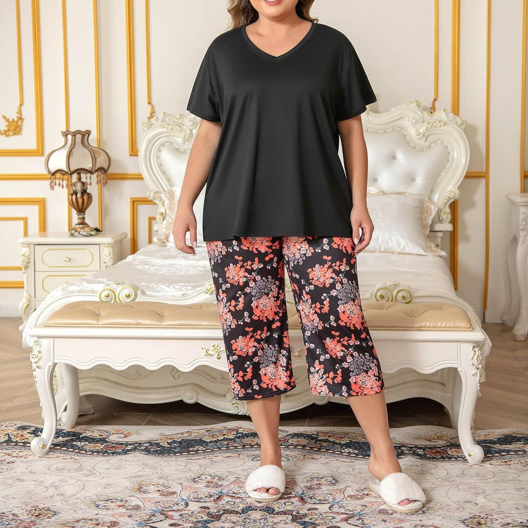 Generisch Rentier Schlafanzug Damen Top Capri Hosen Nachtwäsche Plus Pyjama Mit Knopfleiste Schwarz