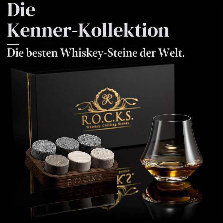 Whisky Glas &amp; Whiskey Steine Set - 6 Handgefertigte Runde Granit Whisky Steine - Nosing Glas für Sco