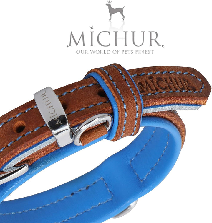 MICHUR Charly Hundehalsband Leder Braun Blau, Lederhalsband Hund, Halsband, Leder, in verschiedenen
