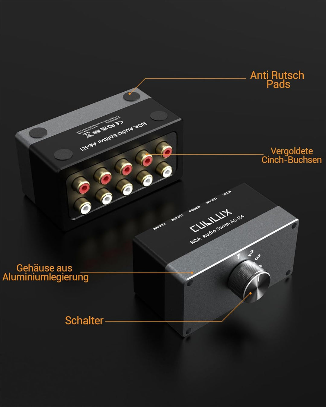 Cubilux AS-R4 Bidirektional RCA Stereo Audio Switch 4(1)-In-1(4)-Out,Passiver 4 Kanal Stereo Cinch L