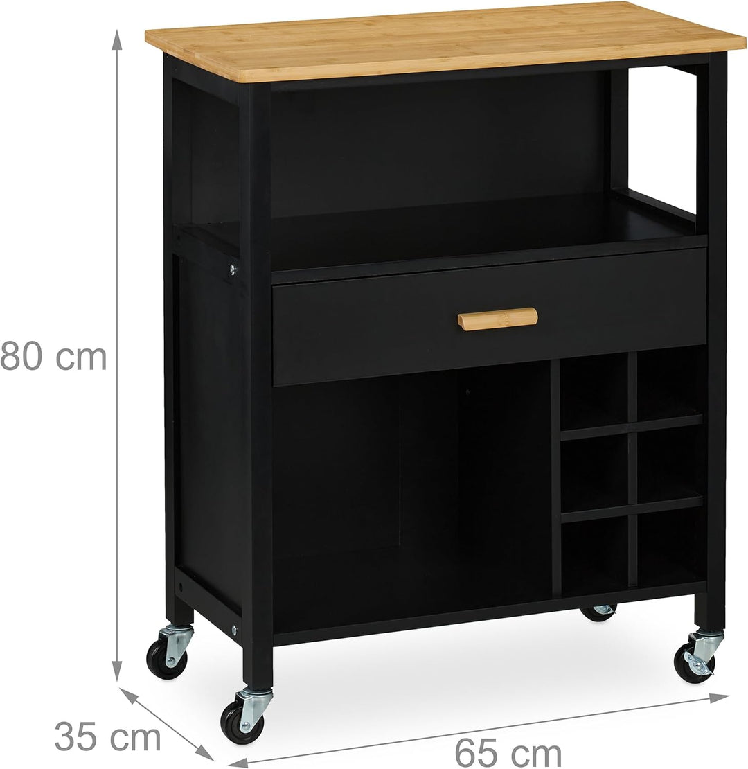 Relaxdays Küchenwagen, Weinregal 6 Flaschen, Schublade, 2 Fächer, 80x65x35 cm, Bambus Arbeitsplatte,