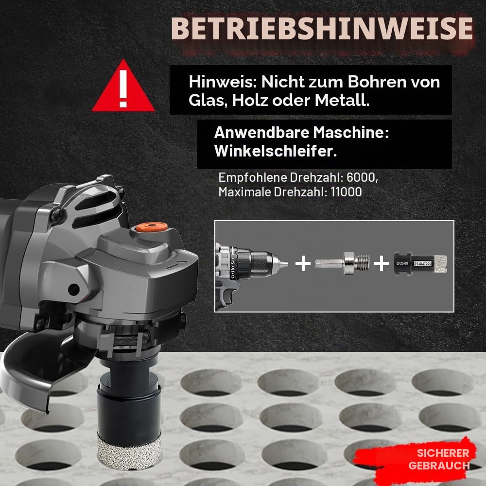 DT-DIATOOL Diamant-Bohrkrone-Kit - 6/6/8/20/32/50mm mit 35mm Diamant-Fasenbohrer M14 Gewinde und Sec